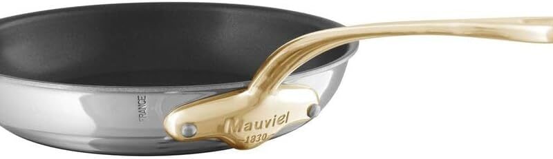 Mauviel M'Cook B 5-Ply Polished Stainless Steel Nonstick Round Frying Pan With Brass Handle, 10.2-in, Made In France