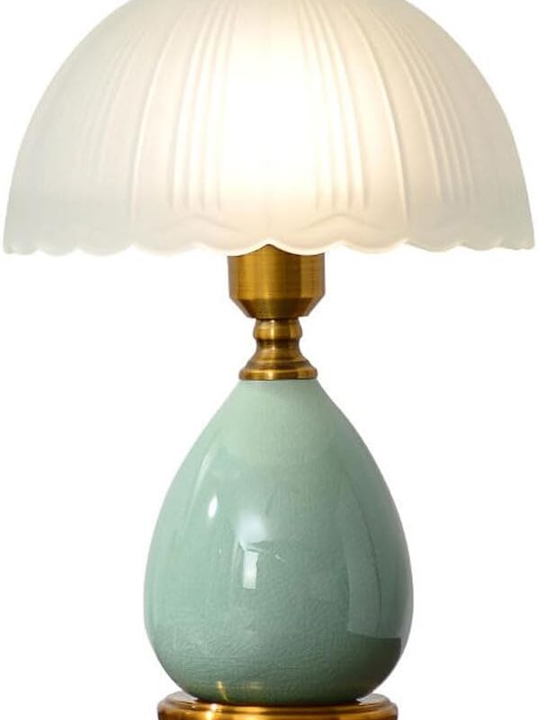 Light Green Ceramic Mushroom Lamp Dome Glass Bedside Table Lamps Night Light Modern Nightstand Desk Lamp E27 Column Table Lights for Home Decor Study Living Room Bedroom Light