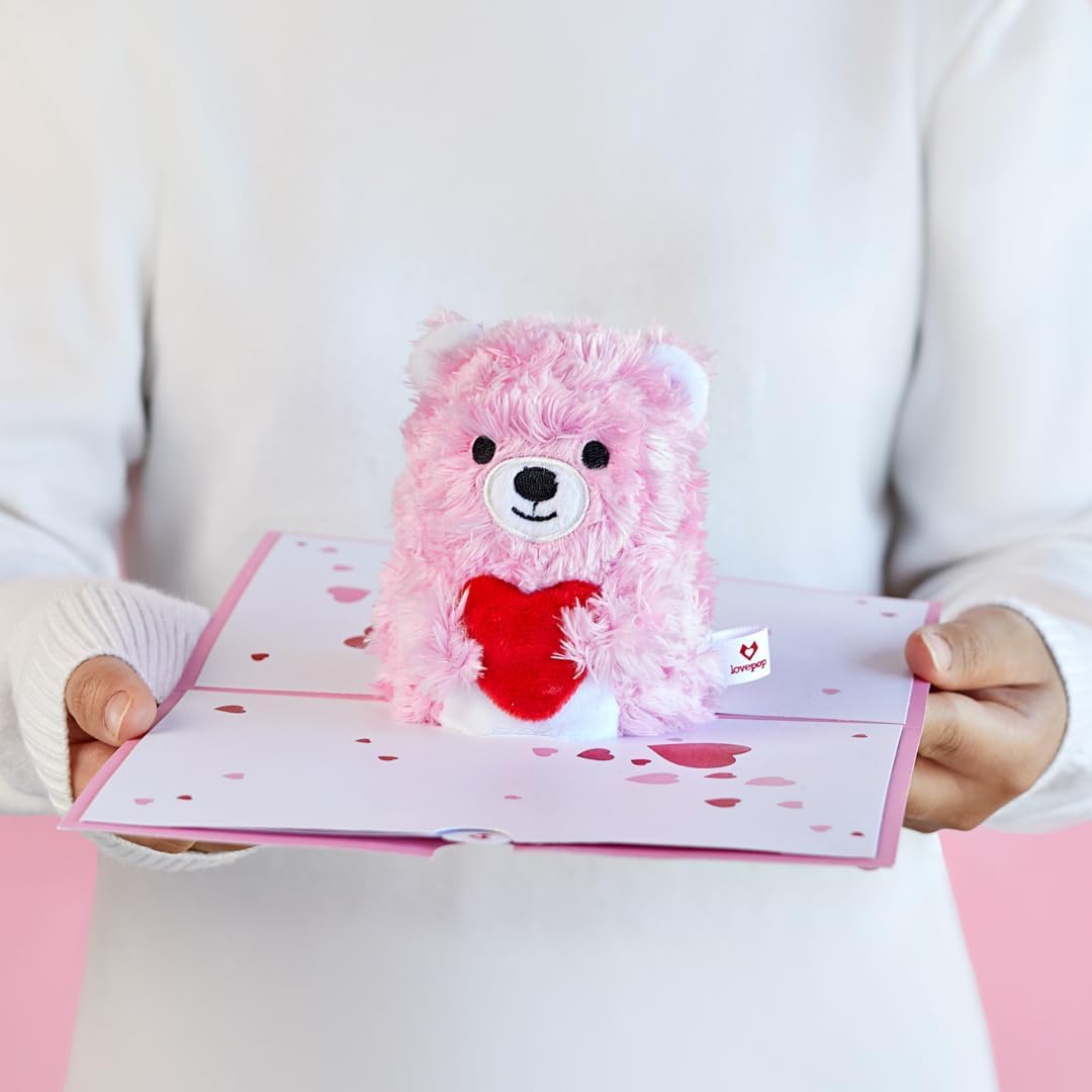 510Tl3ejbEL._AC_SL1080_.jpg Lovepop Plushpop Soft Animal Pop-Up Card for Her and Him - 3D Bear Everyday Greeting Card for Boys, Girls, Men, Women - Beary Happy - 6" x 8" Card - Pink - Image 3