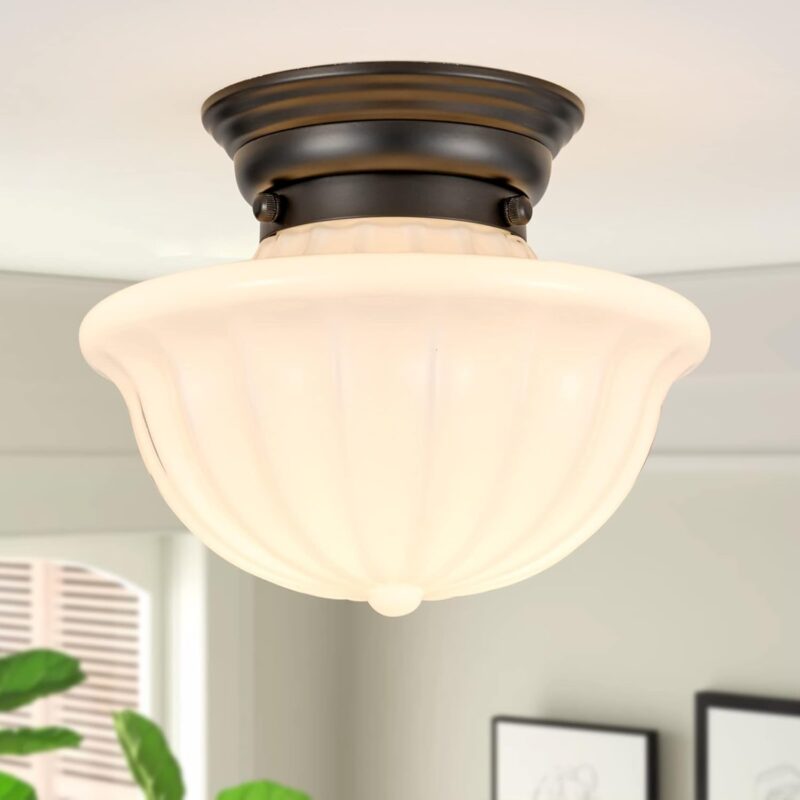 Black Schoolhouse Light Fixture Ceiling, 9 Inch Hallway Semi Flush Mount Ceiling Lighting, White Milk Glass Ceiling Lights Mid Century for Bedroom, Kitchen, Entryway