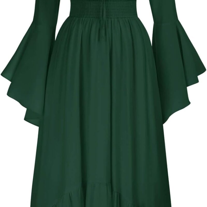 Scarlet Darkness Renaissance Faire Costume Women Off Shoulder Long Bell Sleeve High Low Dress