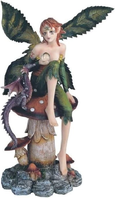 ICE ARMOR 9" H Green Fairy with Purple Dragon Sitting on Mushroom Statue Fantasy Decoration Figurine