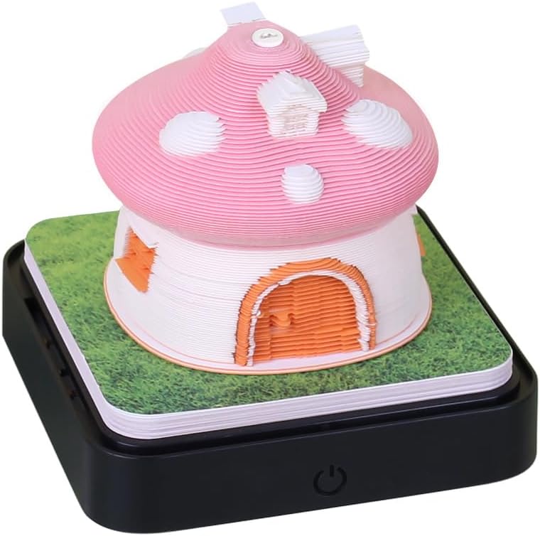 Time Piece Calendar 2024,3D Art Desk Calendar With Lights,DIY Paper Carving Art Notepad Mushroom House Calendar Gift Desktop Decoration (pink)