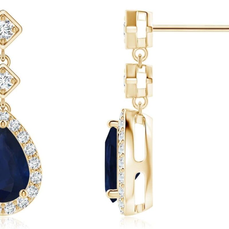 ANGARA Natural Pear Blue Sapphire Drop Earrings with Diamond Halo in 14K Solid Gold/Platinum | September Birthstone, Birthday, Engagement, Anniversary, Wedding Jewelry Gift for Women