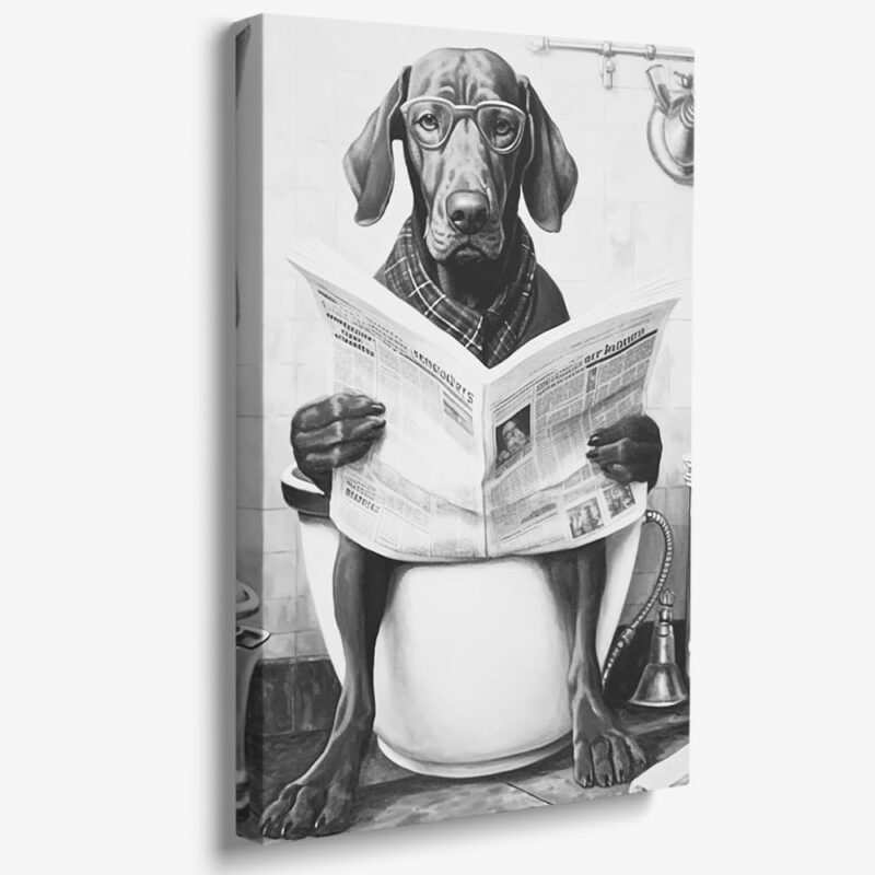 Black and White Dog Wall Art for Bathroom Funny Dog Reading the Newspaper on Toilet Pictures Funny Animal Canvas Print Painting for Bathroom Bedroom Dog Decor Funny Pooping Pictures 28"x40"