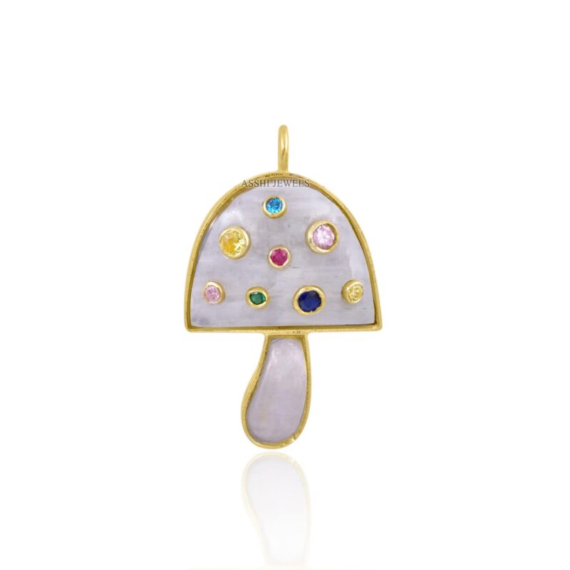 14K Yellow Gold Plated Mushroom Pendant, Multi Stone Mushroom Pendant, Moonstone Mushroom Pendant, Mushroom Pendant Jewelry Supplier