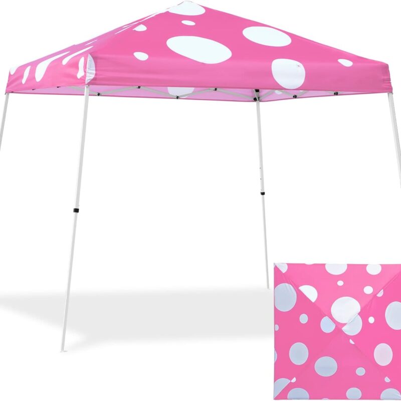 EAGLE PEAK 10x10 Slant Leg Pop-up Canopy Tent Easy One Person Setup Instant Outdoor Beach Canopy Folding Portable Sports Shelter 10x10 Base 8x8 Top (Pink Mushroom)