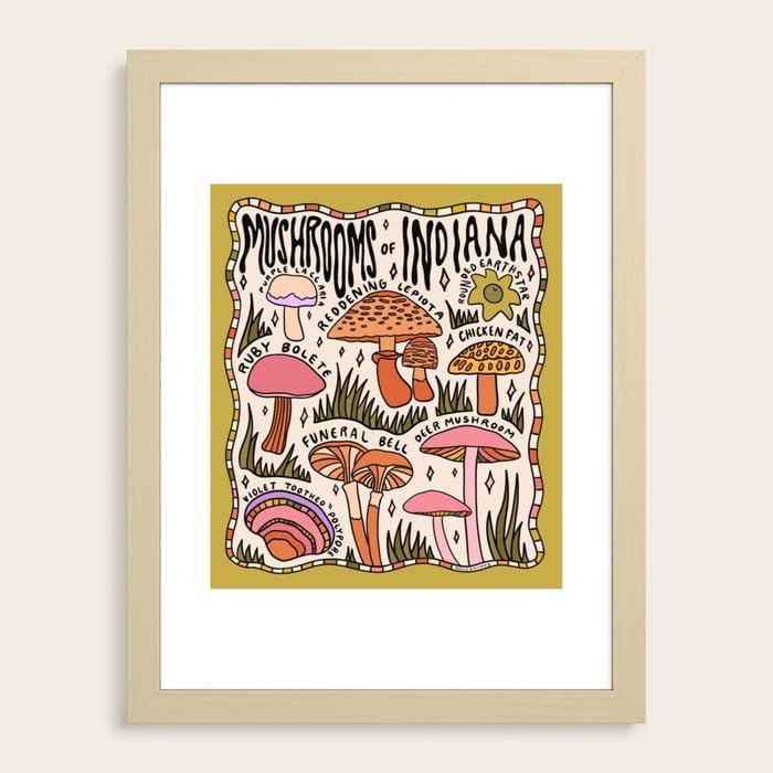 Society6 Mushrooms Of Indiana by Doodle By Meg-Framed Art Print (Classic Maple - Medium(Gallery) 18 x 24-20x26)