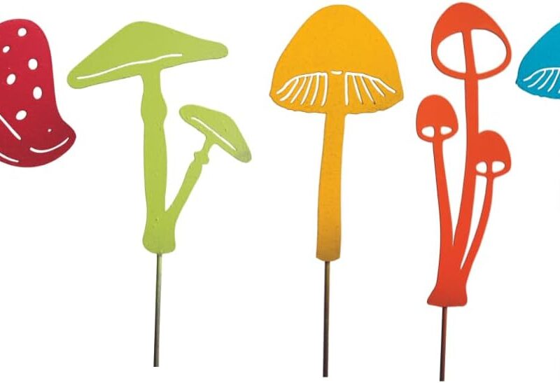 Painted Mushroom Stake Set - 5 Piece Garden Stakes | Garden Art | Whimsical Decor | Mushroom Lovers | Trippy Mushroom Art | Flower Pot Decor | Yard Art