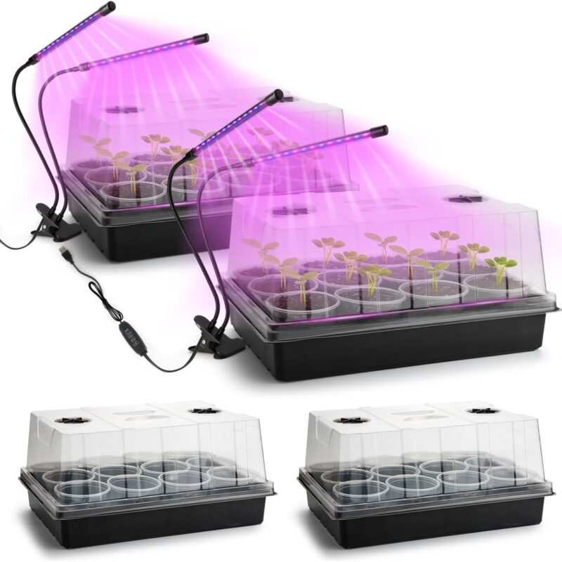 50pcs 3.5" Clear Nursery Pots with 4 Trays and 2 Adjustable LED Grow Lights – Transparent Plant Pots with Drainage Holes, Complete Seed Starter Kit with 5" Tall Humidity Dome for Plant Propagation
