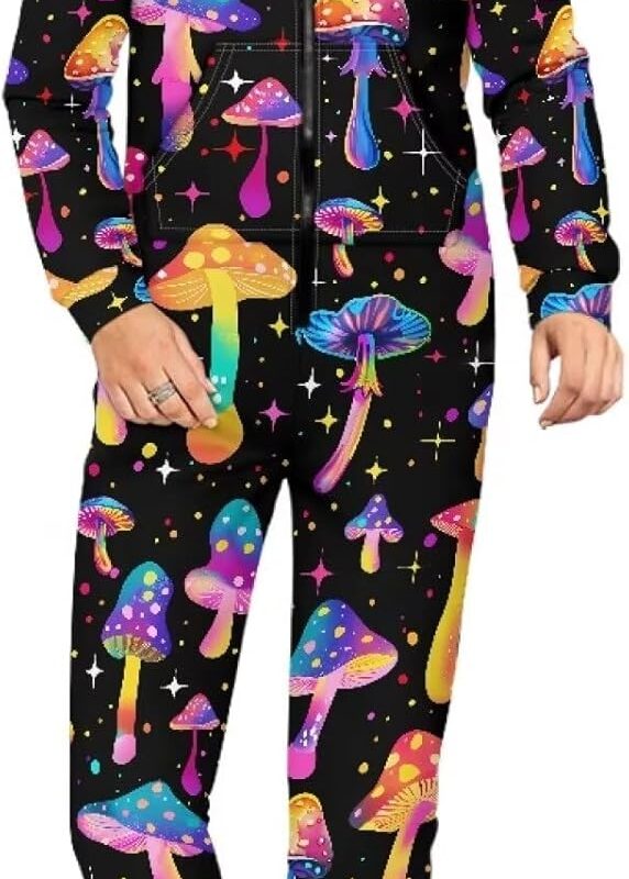 Biyejit Unisex Novelty 3D Printed One-piece Pajamas Women Men Hooded Jumpsuits Adult Nightwear Romper