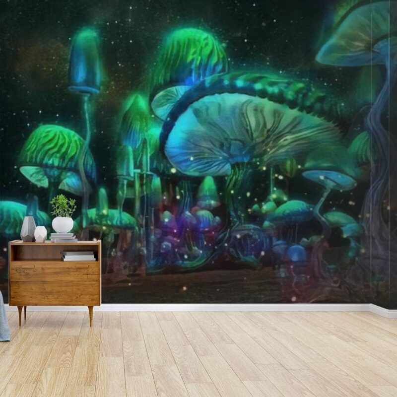 3D Computer Graphics of a Forest of Luminous Mushrooms Canvas Wallpaper Print Self Adhesive Peel & Stick Wallpaper Wall Mural Wall Decal Sticker Poster Home Decor for Living Room