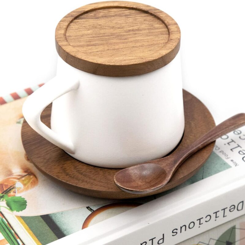 MMEP Ceramic Mug with Wooden Lid, Stirrer & Saucer, 13.5 oz, Cups with Handles, Tea, Coffee Set for Office and Home, Beautifully Packaged Gift for Mom, Dad, and Loved Ones (White) (White)