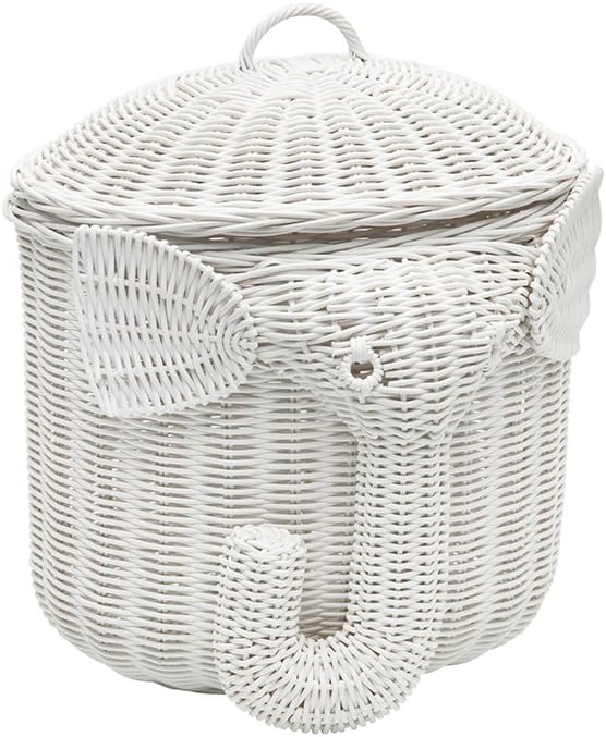 KOUBOO Rattan Elephant Storage Animal Shaped Handwoven Cloths with Lid Decorative Storage Bin Fruit Container Bedroom Shelf Organizer White