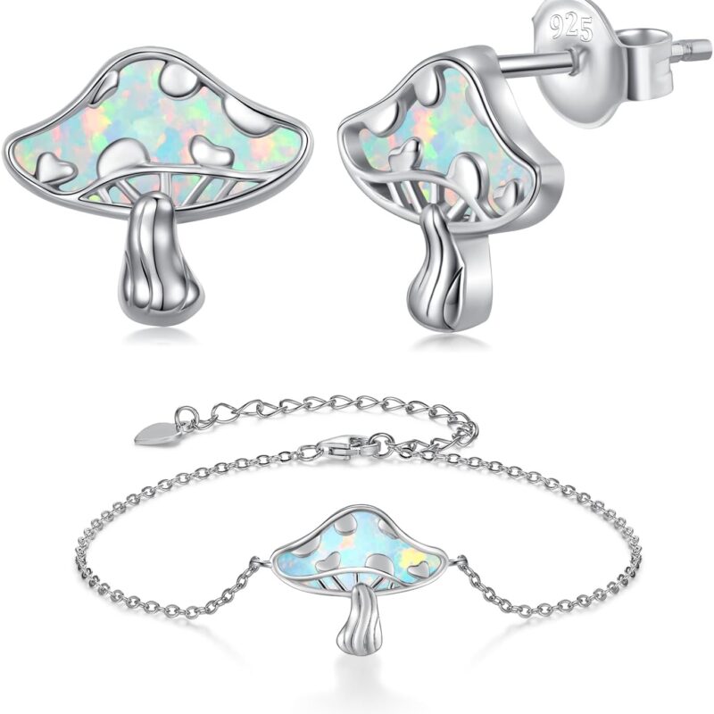 Mushroom Earrings and Mushroom Bracelet 925 Sterling Silver Opal Mushroom Set Jewelry Gifts for Women Birthday