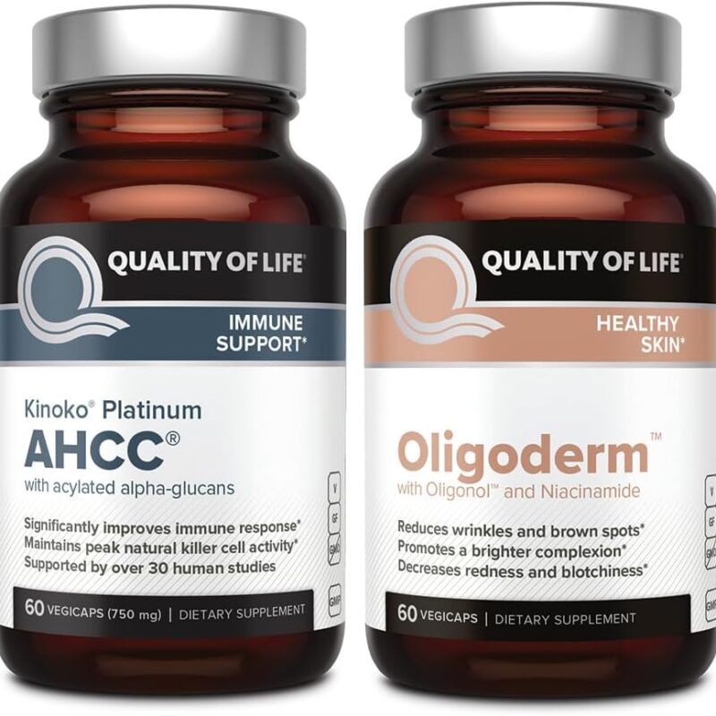 Quality of Life Immune Support Skin Health Bundle - Featuring Kinoko Platinum AHCC Mushroom Extract and Oligoderm with Oligonol Lychee Extract