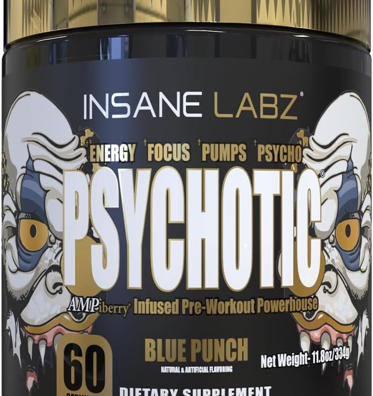 Insane Labz Psychotic Gold, High Stimulant Pre Workout Powder, Extreme Lasting Energy Focus, Pumps and Endurance with Beta Alanine, DMAE Bitartrate, NO Booster (60 Servings, Blue Punch)