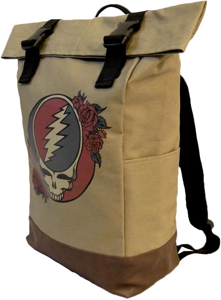 619ILr8RRDL._AC_SL1000_.jpg Ripple Junction Grateful Dead Canvas Roll Top Backpack Bag w/Vegan Leather Reinforced Bottom Dual Adjustable Shoulder Straps Steal Your Face Logo Officially Licensed
