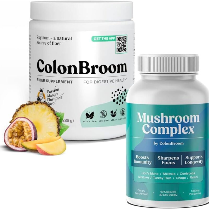 ColonBroom Psyllium Husk Powder (Tropical Fruits, 50 Servings) + Mushroom Complex, Powerful Mushroom Blend with Cordyceps, Reishi, Shiitake, Lion’s Mane Extract for Energy, Immunity (60 Capsules)