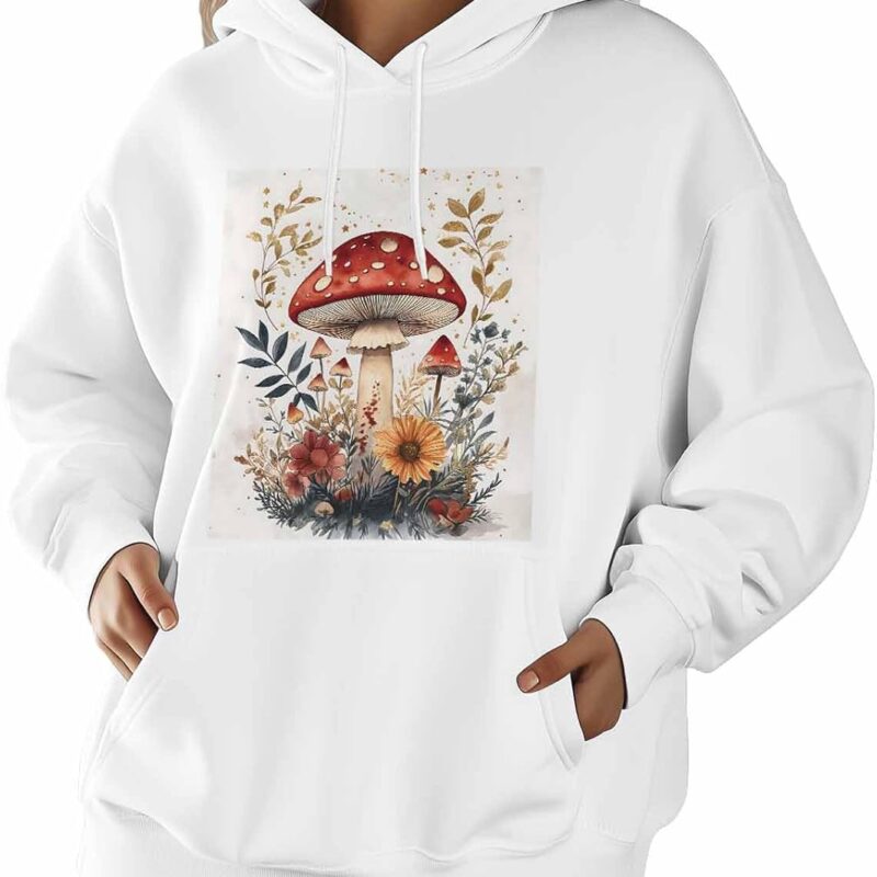 Womens Hoodies Fashion Hooded Sweatshirts Mushroom Botanical Floral Casual Long Sleeve Drawstring Pullover Tops Shirt