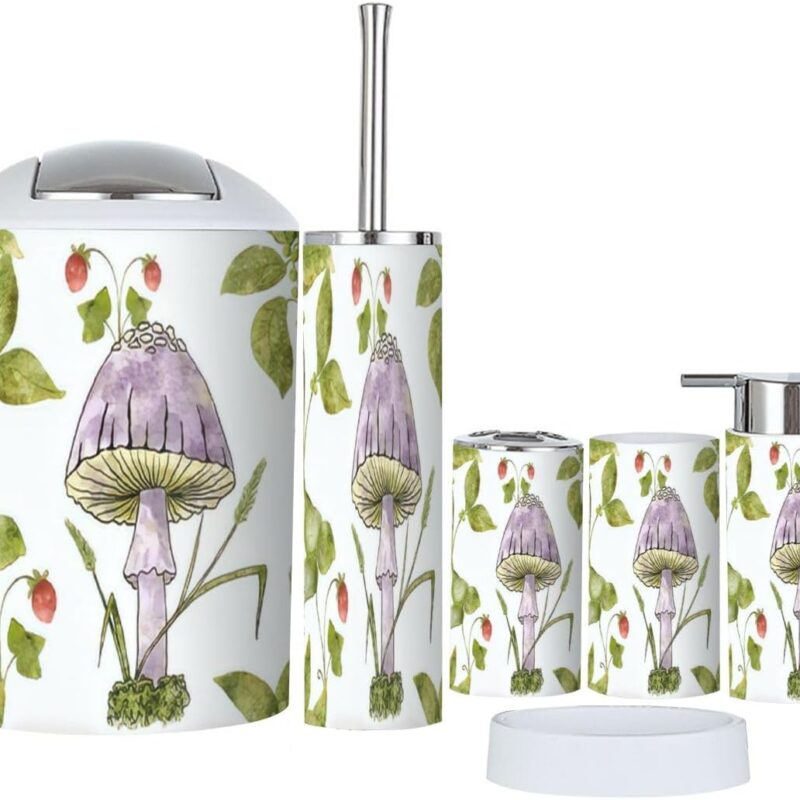 Bathroom Accessory Set 6 Piece Watercolor Mushroom Strawberry Seamless Purple Mushroom Wild Toothbrush Holder, Toothbrush Cup, Soap Dispenser, Soap Dish, Toilet Brush Holder, Trash can