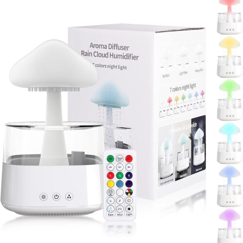 Cloud Rain Humidifiers, White Essential Oil Diffuser 7 Changing Colors Night Light Mushroom Humidifier 3 Modes Water Drip for Sleeping Relaxing Mood