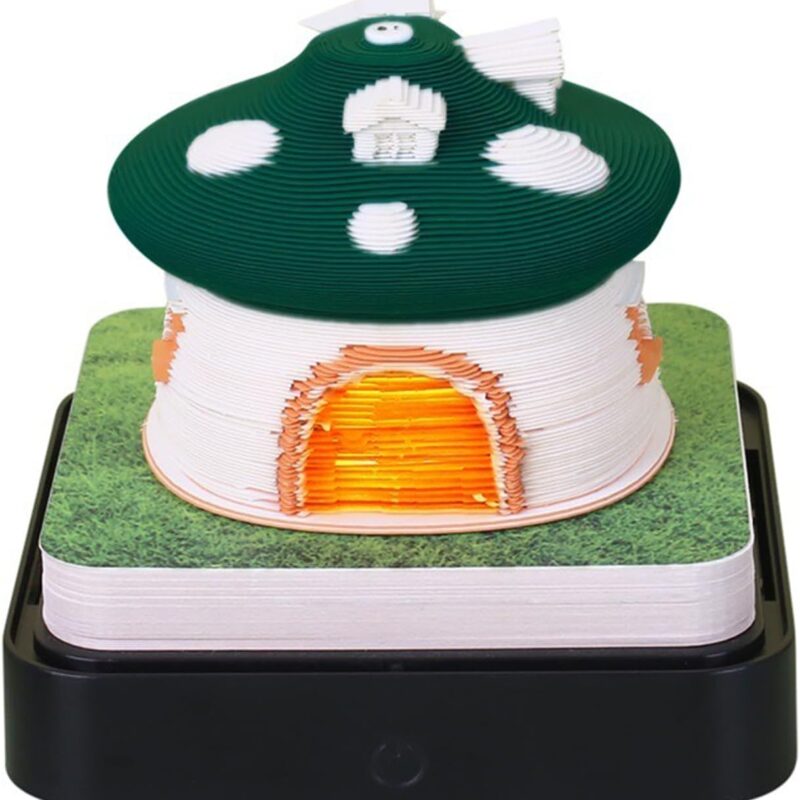 3D Mushroom House Calendar 2025 Notepad, Desk Calendar Memo Pad with Transparent Plastic Dust-Proof Cover Birthday Christmas Gift (Green)