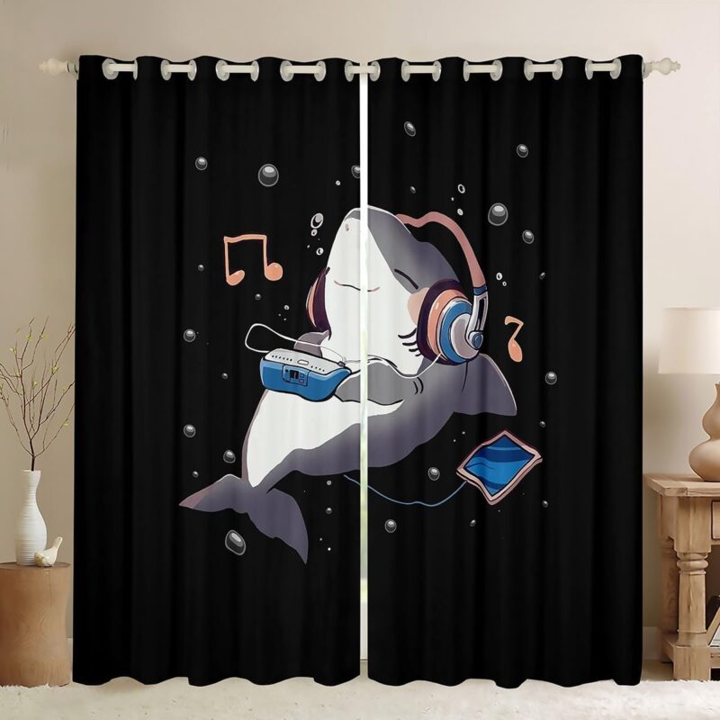 Music Dolphin Curtain Cartoon Coastal Ocean Window Curtain 52"Wx84"L 2 Panels,Boys Sealife Underwater Dolphin Window Treatments Musical Note Headset Curtains & Drapes Cute Decor for Bedroom