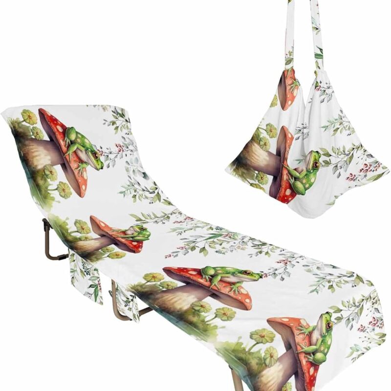 Mushroom Frogs Beach Lounge Chair Towel Cover, Soft Chaise Lounge Towel with Side Pockets Patio Pool Chairs Cover for Beach/Pool Sunbathing 29x85 Spring Floral Summer Eucalyptus Leaves