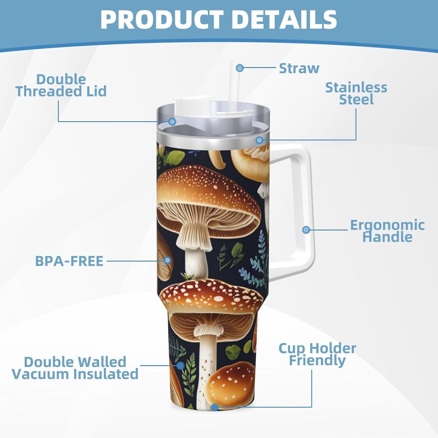 61GmfC-rc8L._AC_SL1500_.jpg Edible Mushrooms Print Insulated Ice Cup, 40 OZ with Handle Travel Mug Metal Sports Water Bottle Jug, Large Coffee Mug - Image 6