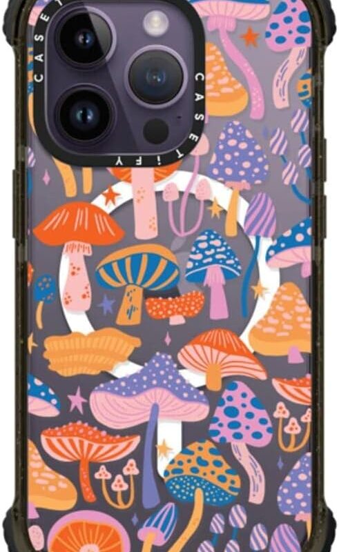 CASETiFY Ultra Impact iPhone 14 Pro Case [Strong Slim / 11.5ft 5X Militray Grade Drop Protection/Compatible with Magsafe] - Magic Mushrooms - Clear Black