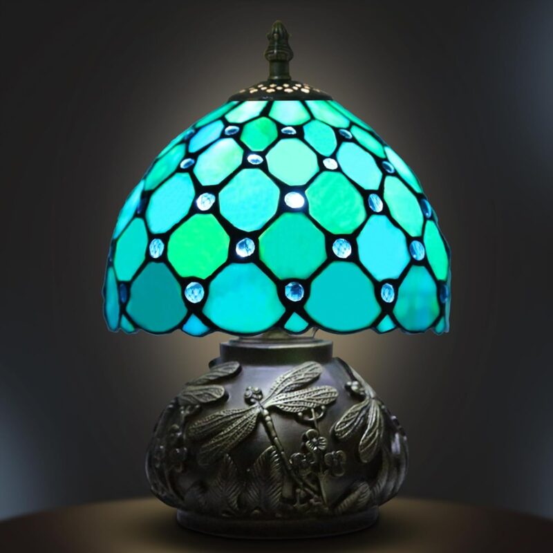 Tiffany Style Table Lamp Blue, Small Stained Glass Lamp for Bedside, Bedroom, Nightstand, Living Room, 8 Inch Mini Vintage Mushroom Desk Lights Included Three-Color E26 LED