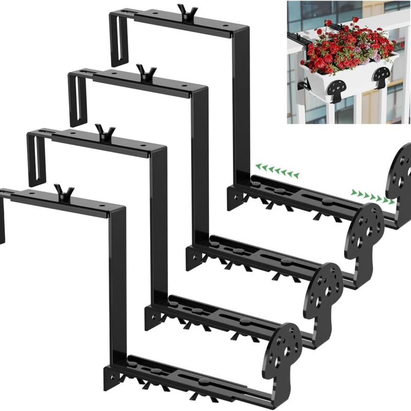 H HOMEXIN Adjustable Planter Box Brackets for Window Boxes Planters Universal Outdoor Hanging Brackets, Black Steel Mounting Durable, Suitable for Fence Pergola Patio Garden Balcony 4p