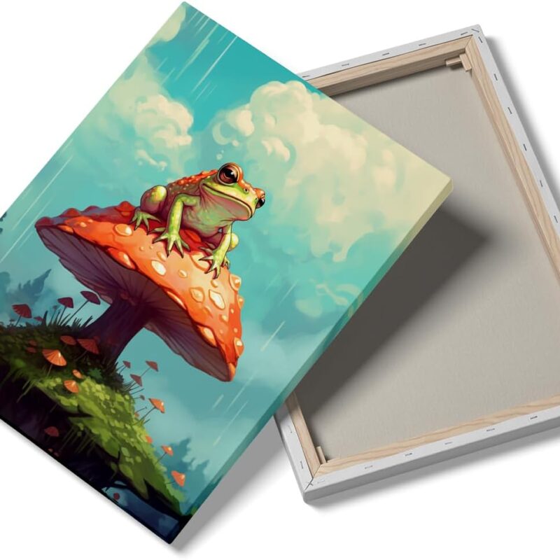 Fun Frog Wall art Cute animal Frog print painting Creative wall art and Mushroom canvas wall art Print Nature Painting Home kitchen Office Bathroom decoration (16 * 24inch Framed)