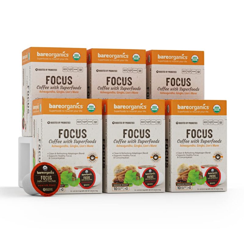 BareOrganics Focus Coffee Pods With Superfoods & Probiotics | Compatible | USDA Certified Organic, Vegan, Non-GMO & Recyclable Single Serve 10ct (Pack of 6)