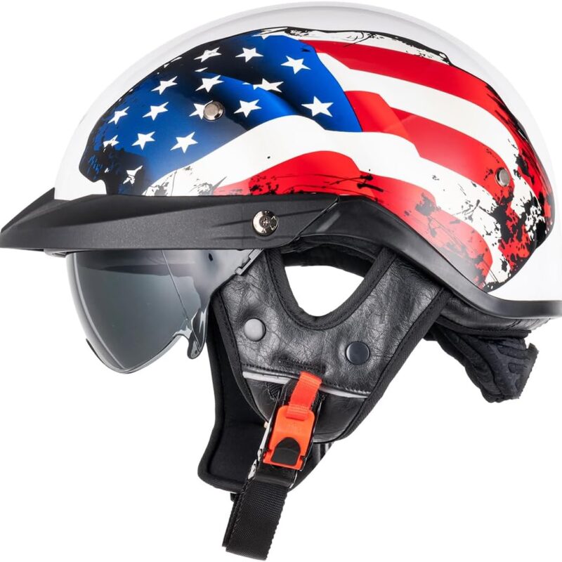 61KS5X45AL._AC_SL1100_.jpg VCOROS Half Helmets Motorcycle VHF04 Open Face Sun Visor Quick Release Buckle Adjustable DOT Approved Cycling Retro Cruiser Pilot Helmets for Unisex-Adults (Gloss USA Flag, XL)