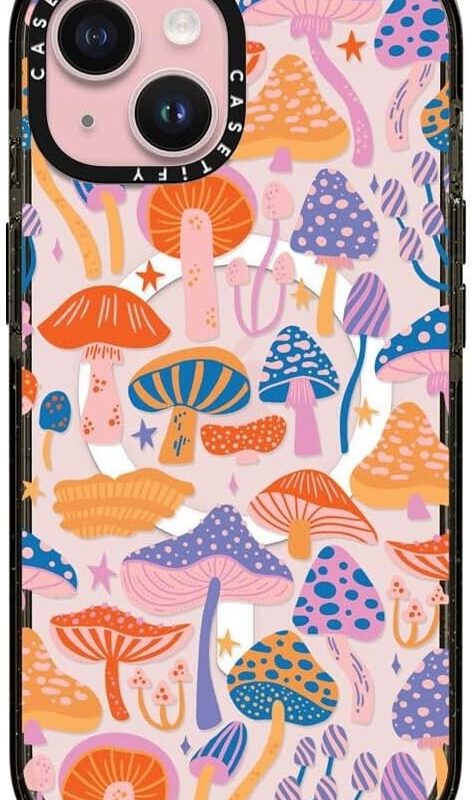 CASETiFY Impact iPhone 15 Case [4X Military Grade Drop Tested / 8.2ft Drop Protection/Compatible with Magsafe] - Cute Prints - Magic Mushrooms - Clear Black