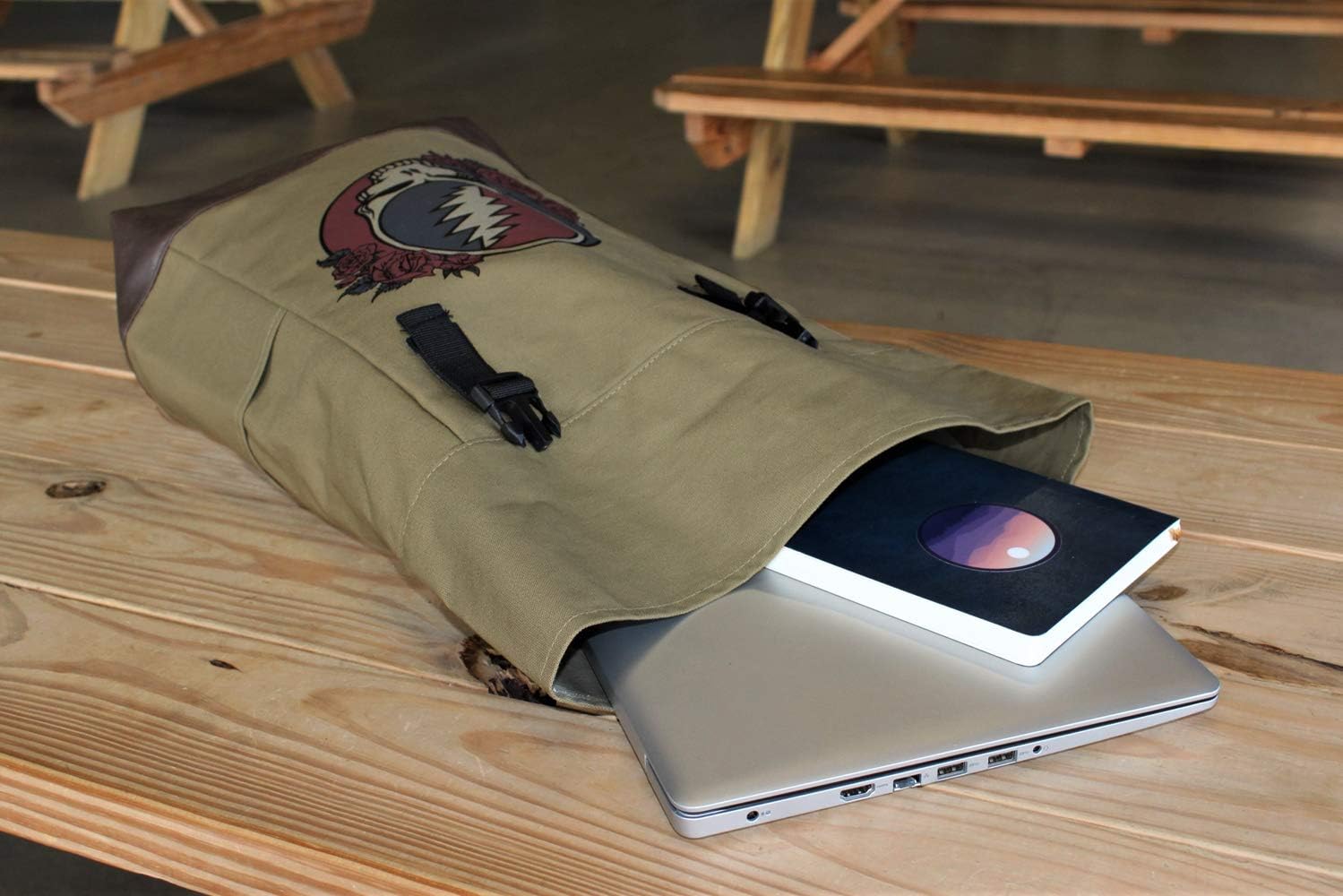61LLPcRWbRL._AC_SL1499_.jpg Ripple Junction Grateful Dead Canvas Roll Top Backpack Bag w/Vegan Leather Reinforced Bottom Dual Adjustable Shoulder Straps Steal Your Face Logo Officially Licensed - Image 4