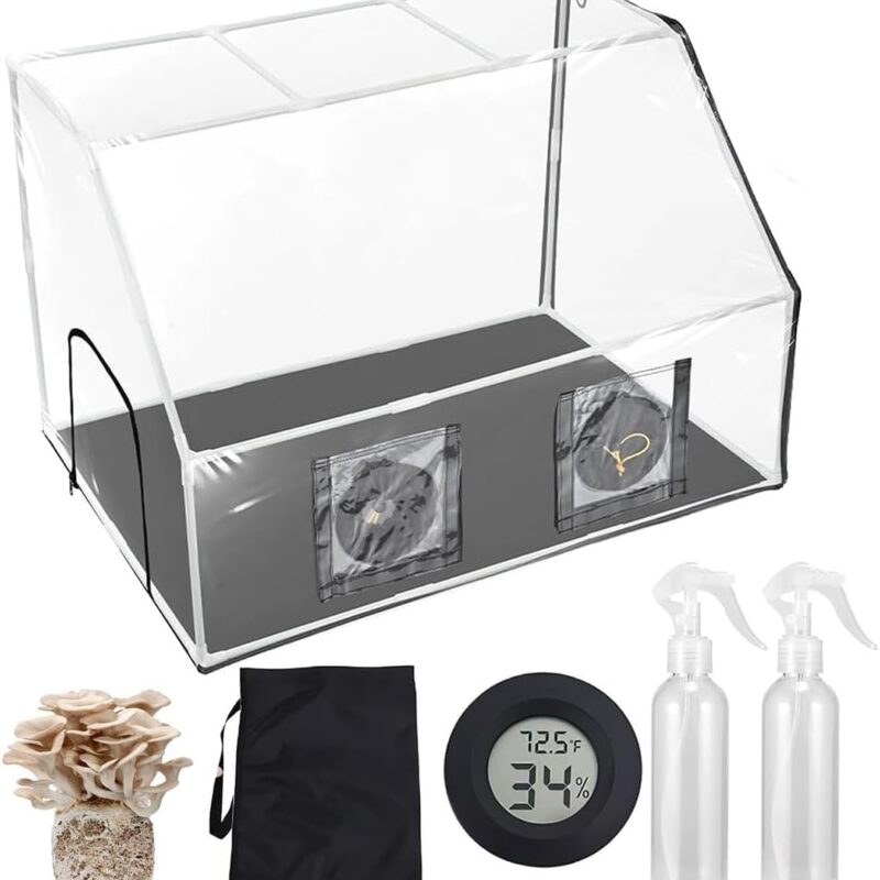 Mushroom Growing Container Tent,Mushroom Growing Still Air Box Portable Mushroom Monotub Kit,90×60×60CM Mushroom Planting BagTent,with 2 Sprayer & Thermometer,Mushroom Breeding Station Planting Kit