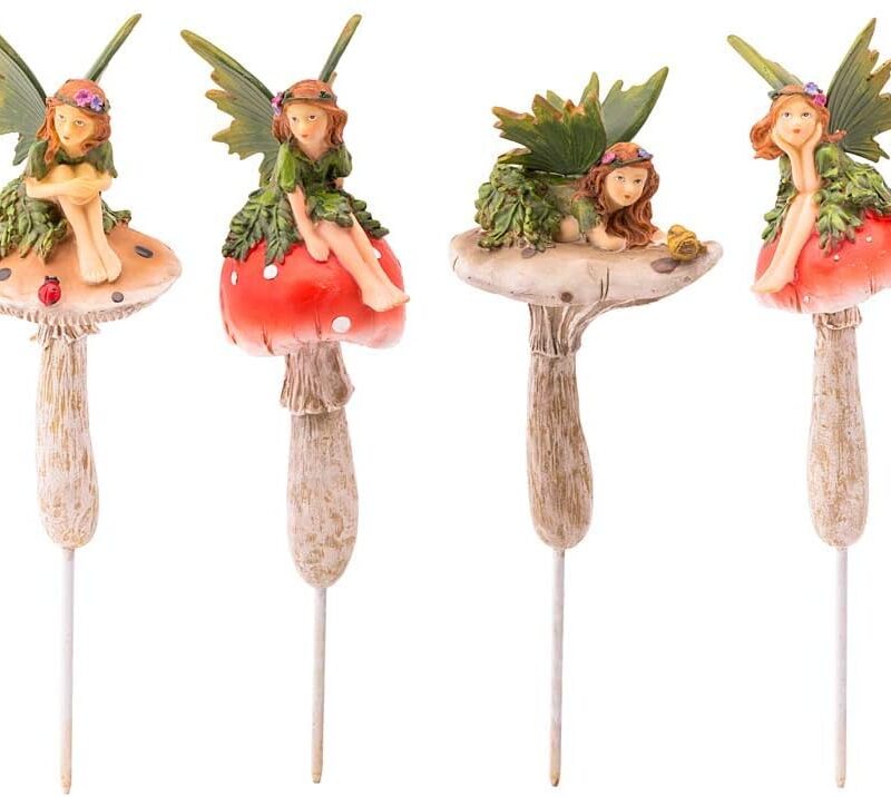 Wind & Weather Fairy Garden Stakes, Set of 4, Resin, Indoor/Outdoor, Fern and Toadstool Fairies, 4"L x 4" W x 12"H