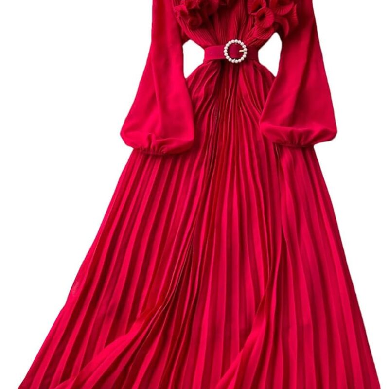 Spring Fashion Chiffon Dress for Women French Mushrooms Edged Loose Lantern Long Sleeve Long Beach Dresses