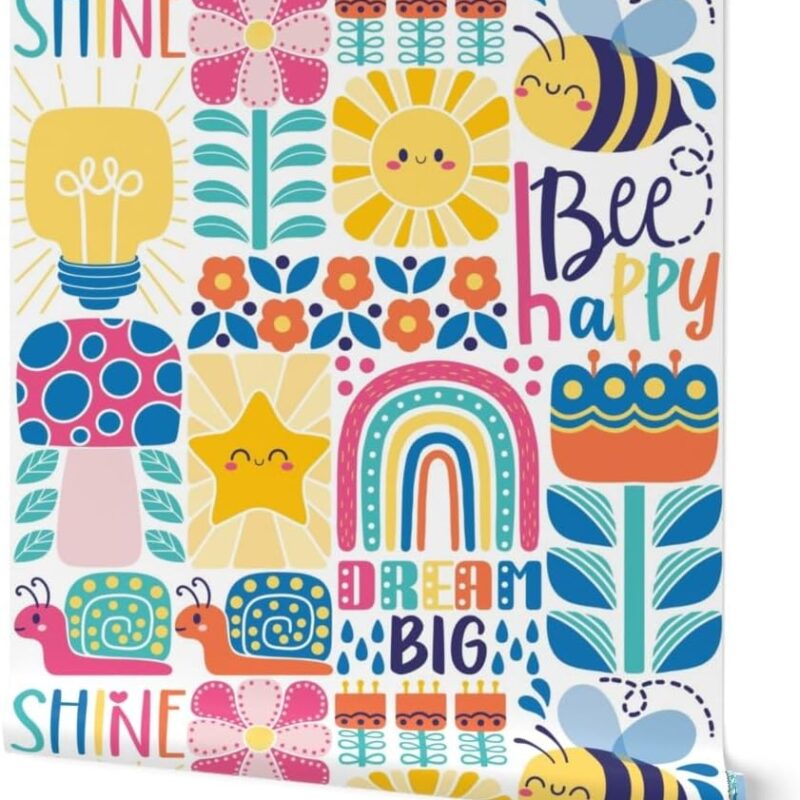 Peel & Stick Wallpaper 12ft x 2ft - Good Vibes Bright Floral Cute Bee Flowers Snails Star Sun Rainbow Mushroom Affirmation Custom Removable Wallpaper by Spoonflower