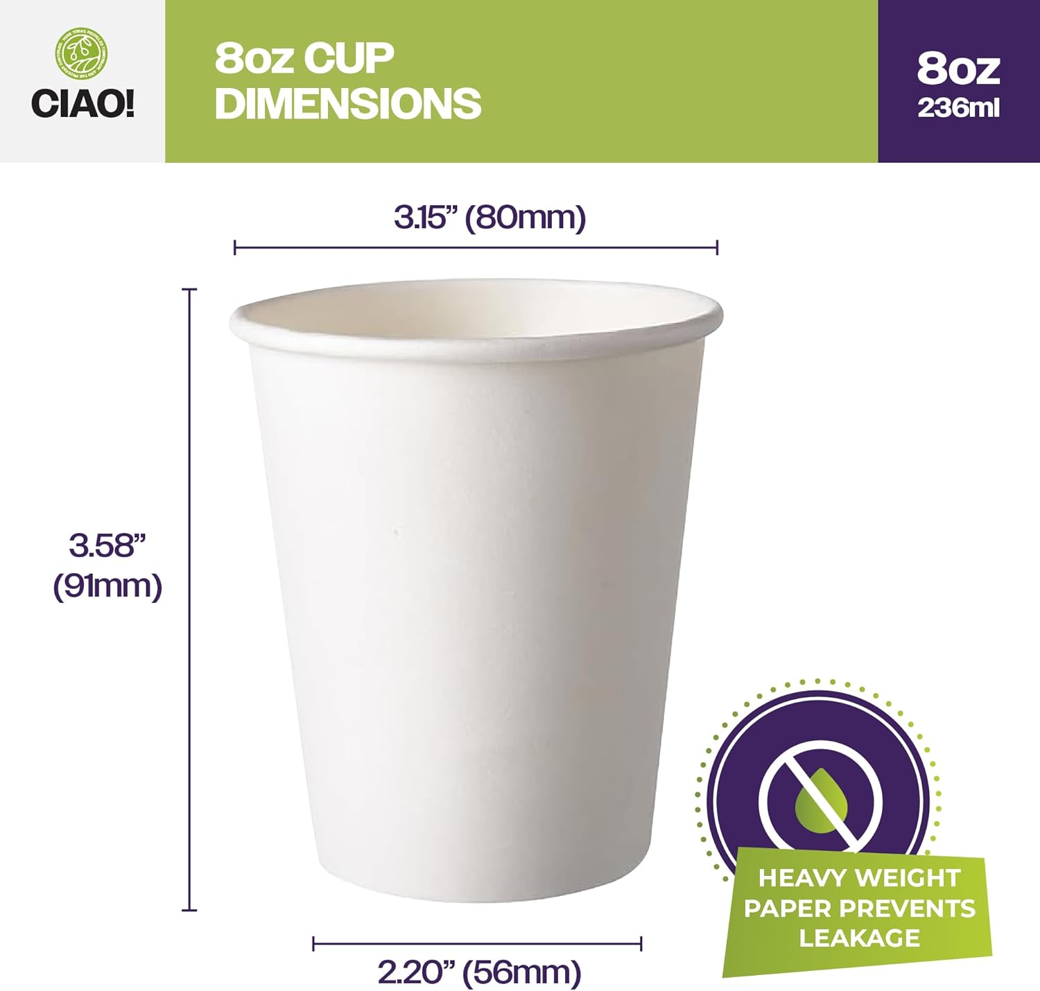 61VN-dwSQML._AC_SL1500_.jpg CIAO! 8oz White Paper Hot Cup, Disposable, 80mm Diameter 1,000 Count - Image 4