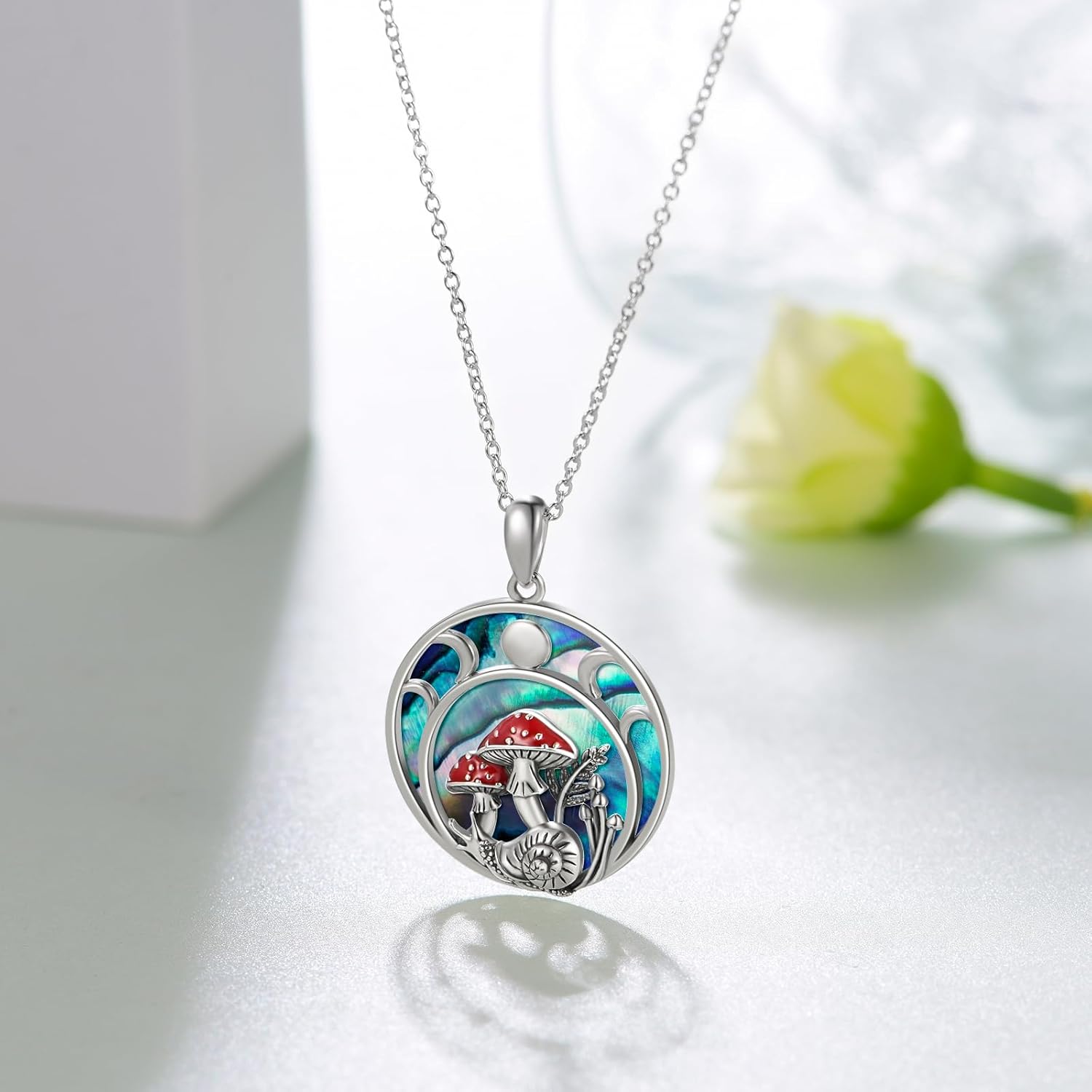 61VX9IYjGgL._AC_SL1500_.jpg Moon Mushroom Necklace for Women,925 Sterling Silver Magical Red Mushroom Pendant Moon Phase Necklaces,Anniversary Birthday Gifts for Women Mom,18''-20'' - Image 2