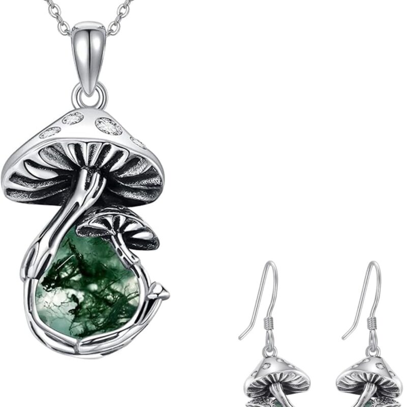 YAFEINI Mushroom Necklace and Earrings Sterling Silver Moss Agate Mushroom Jewelry Set for Women