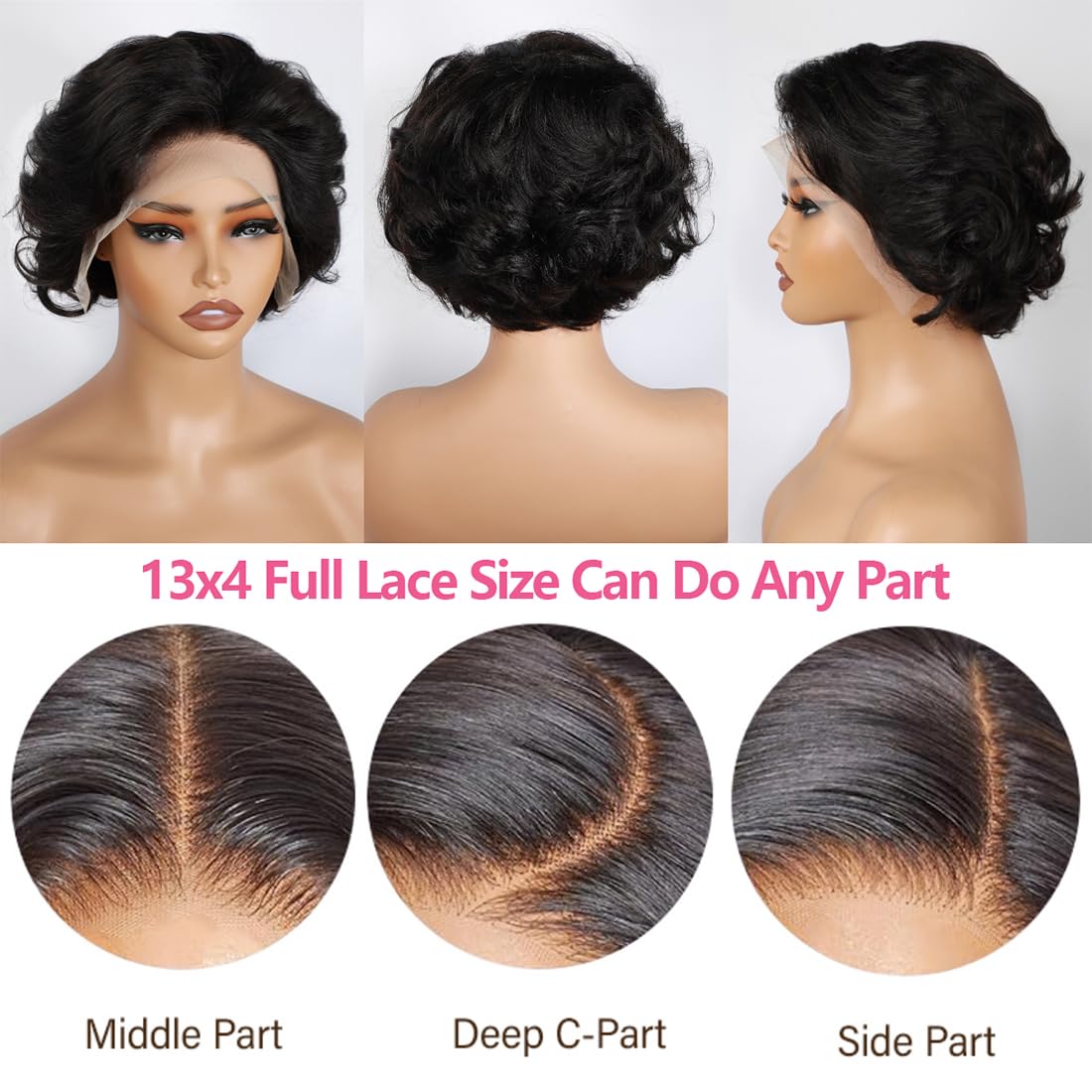 61XVzUWw6WL._SL1100_.jpg MSGEM 13x4 Full Lace Front Wig Bob Wig Human Hair Short Pixie Cut Loose Wave HD Lace Front Wigs for Women Pre Plucked With Baby Hair Natural Color 6 inch - Image 2