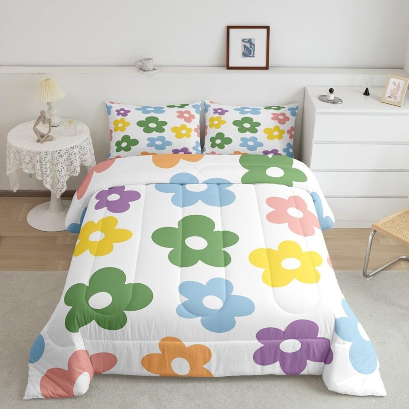 Feelyou Retro Hippie Flower Bedding Set Full Size Boys Girls 60S 70S Groovy Comforter Set for Kids Vintage Boho Plant Floral Botanical Comforter Colourful Duvet Set Room Decor Quilt Set