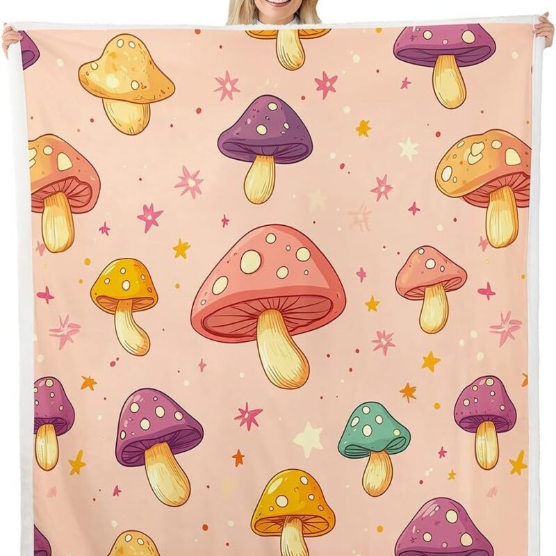 Erosebridal Colorful Mushroom Blanket Queen Cute Cartoon Mushroom Throw Blanket Kawaii Aesthetic Fleece Blanket Starry Sky Sherpa Blanket for Kids Boys Girls Teens