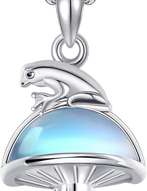 Frog Mushroom Necklace 925 Sterling Silver Moonstone Mushroom Frog Pendant Necklace Frog Jewelry for Women