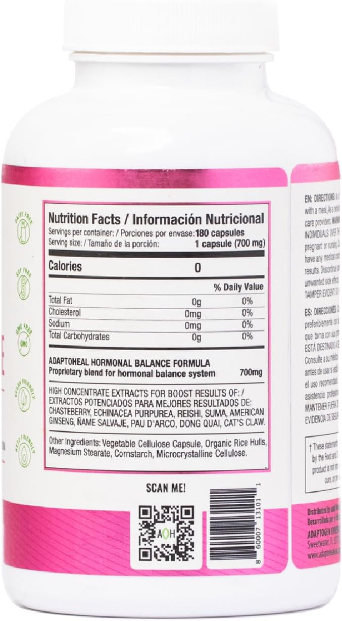 61ZJ3vOGlL._AC_SL1500_.jpg Hormone Balance for Women - Adaptogens Supplement - Vitex, Ginseng and Cat’s Claw – Vegan, Gluten and Dairy Free (180 Capsules / 700 mg) - Image 8
